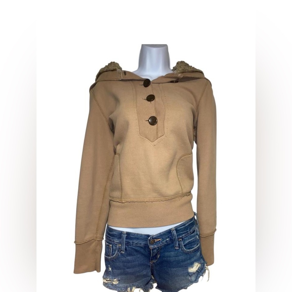 Y2K American Eagle tan button up hoodie with fur lined hood